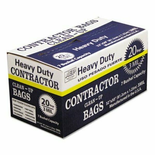 Webster Industries AEP Ind, HEAVY-DUTY CONTRACTOR CLEAN-UP BAGS, 60 GAL, 3 MIL, 32in X 50in, BLACK, 20PK 186470